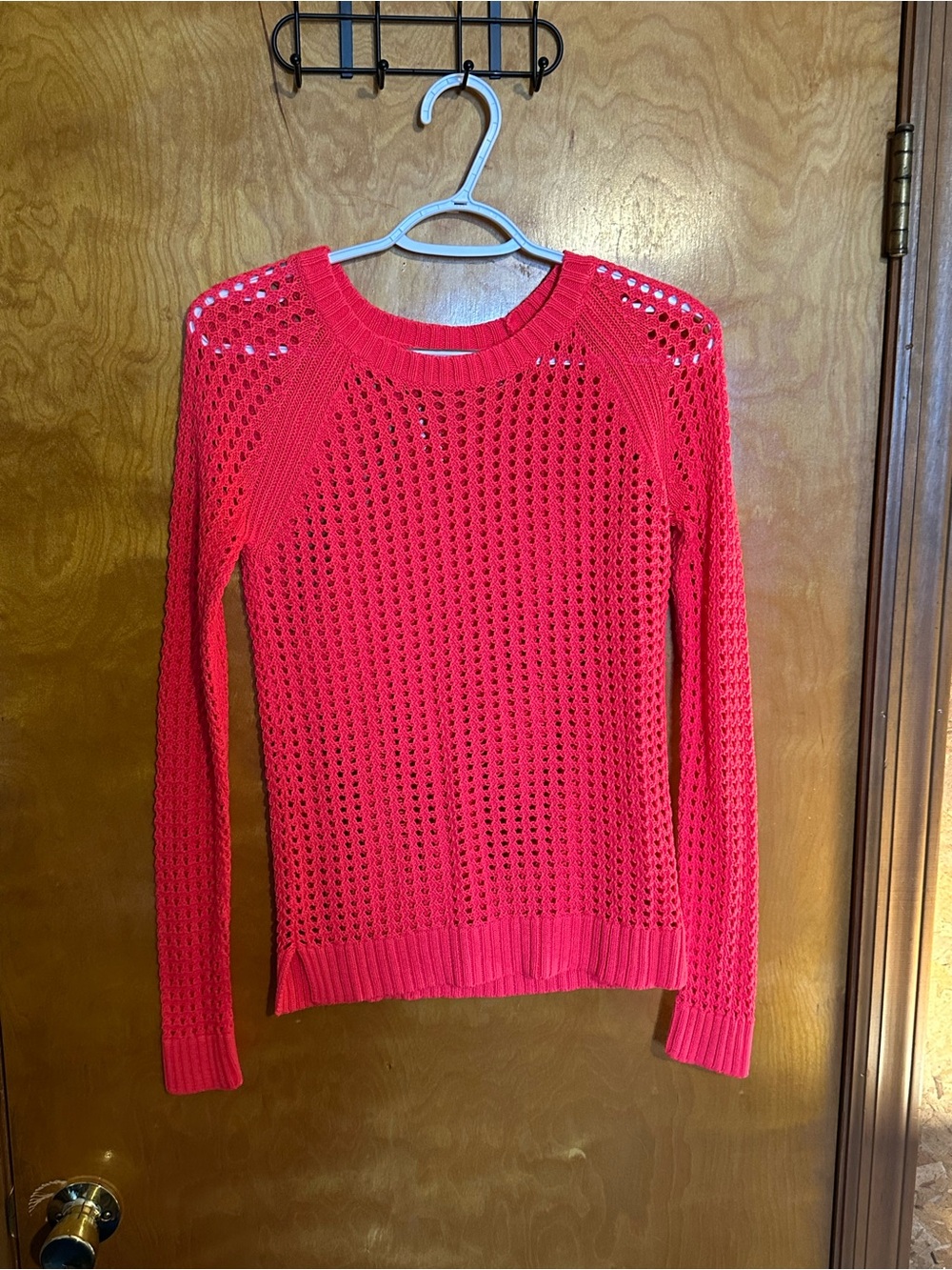 Open Weave Crewneck Sweater in Coral Pink